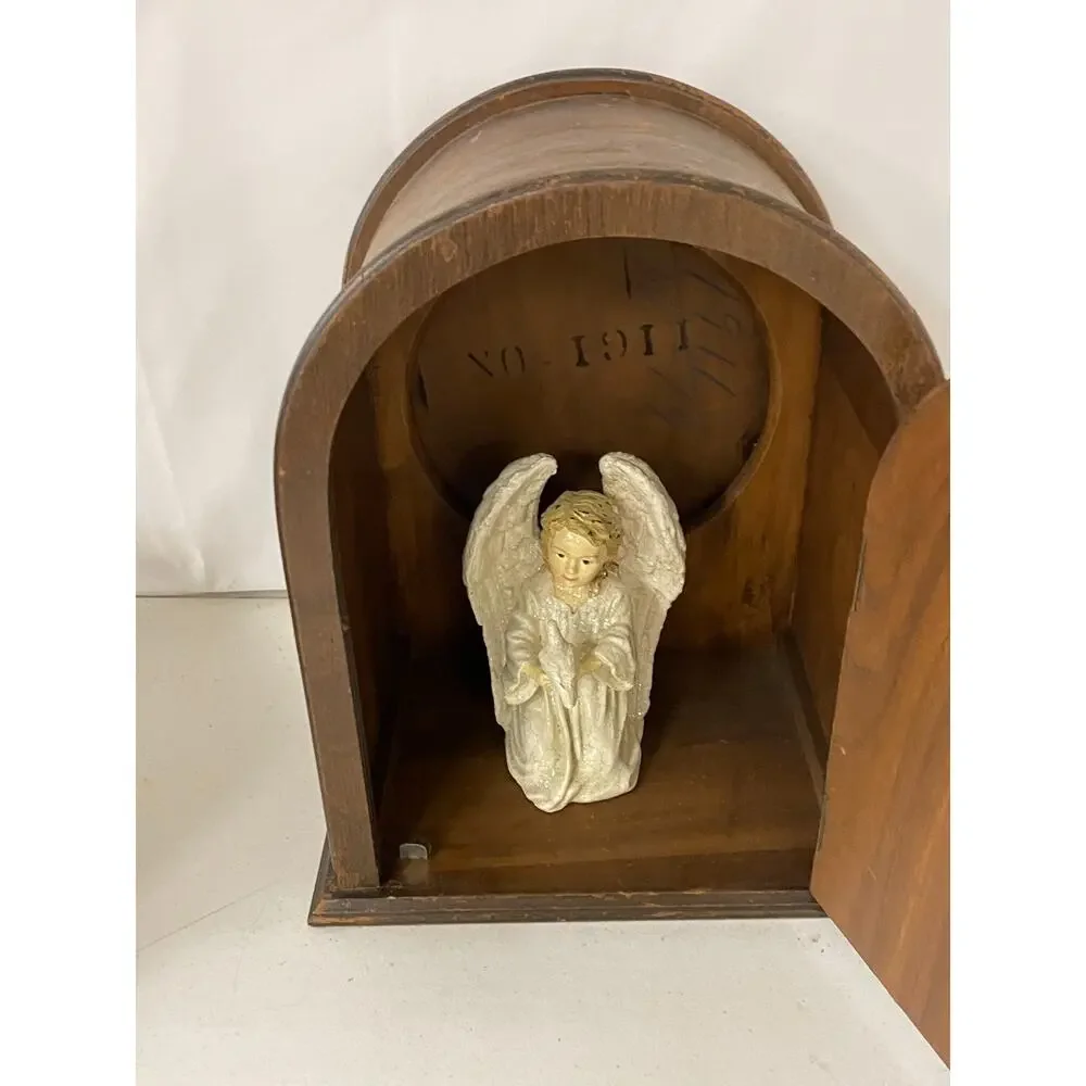 Vintage Wooden Cathedral Clock Case Cabinet Shrine Arched Door Angel Figurine